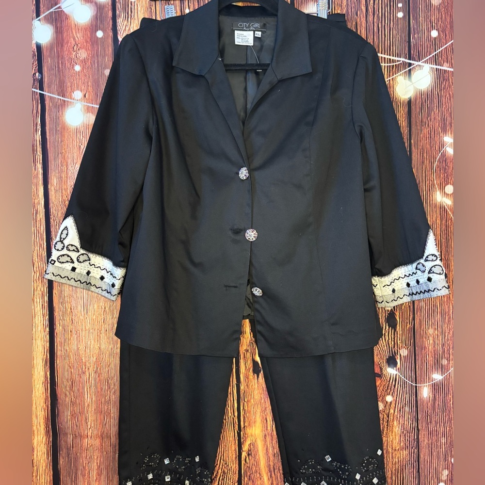 Vintage Black Pantsuit with Embellished Sleeves
